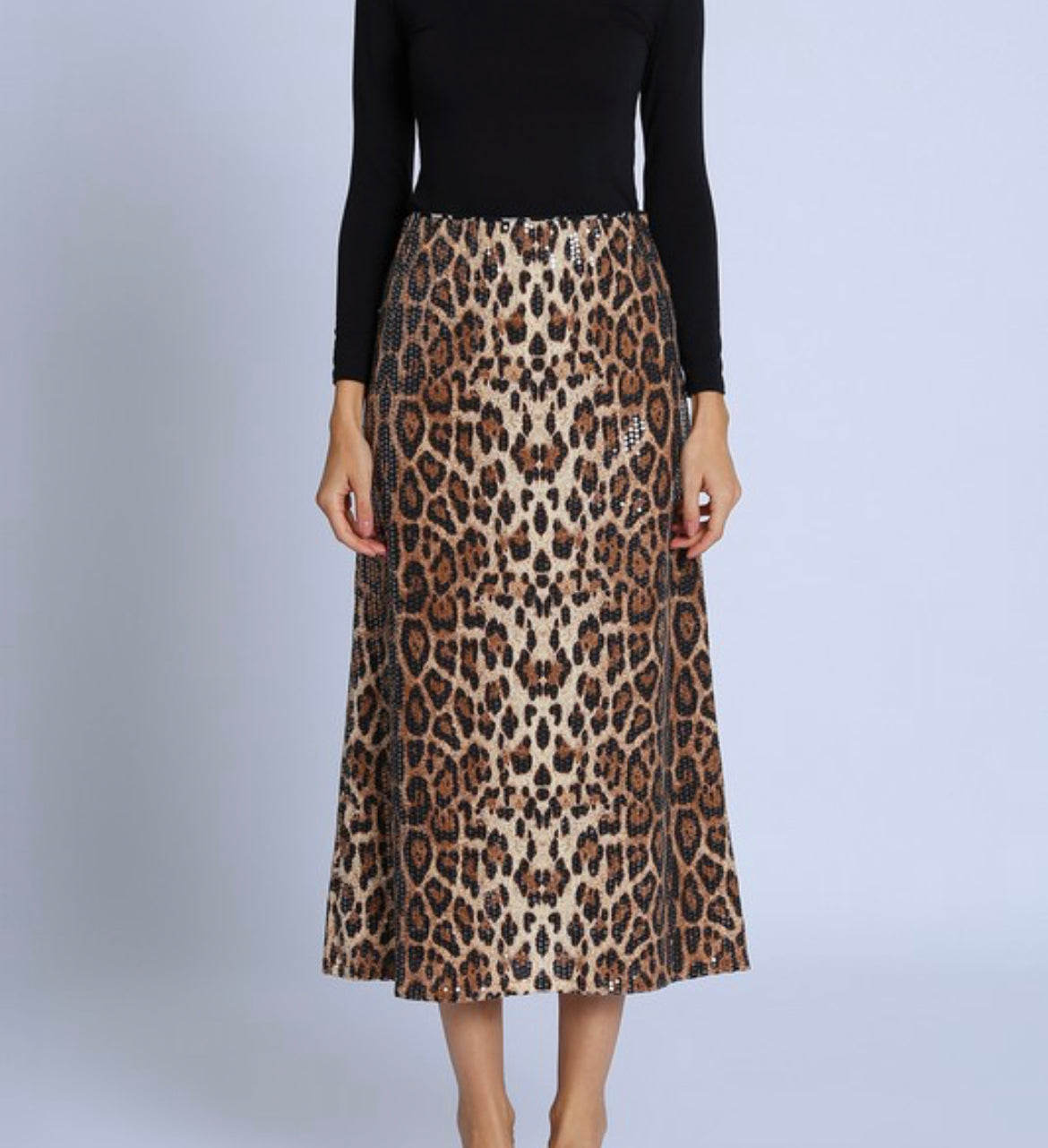 SEQUINED LEOPARD PRINT MIDI SKIRT