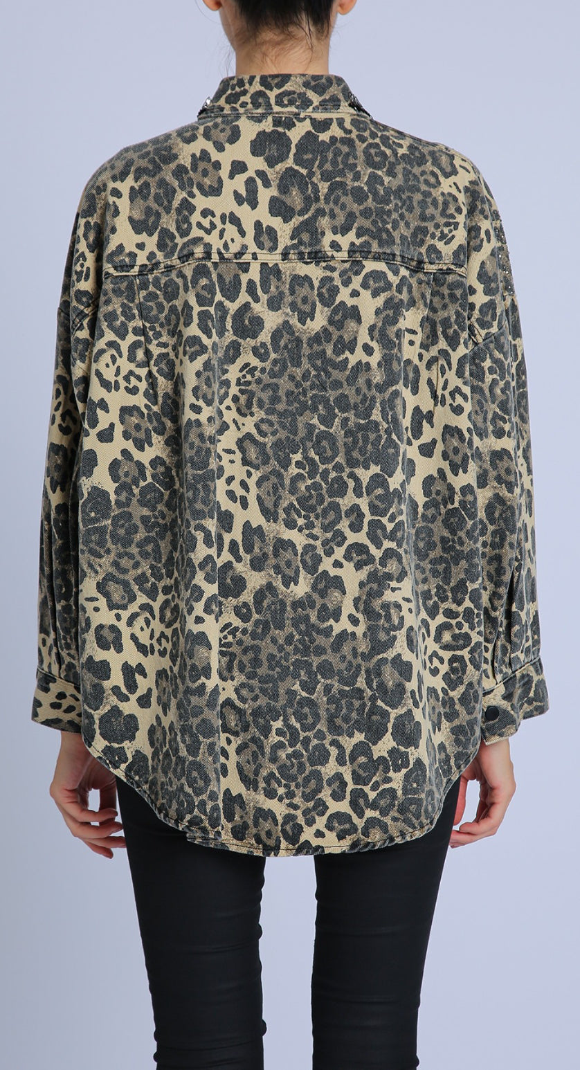 EMBELLISHED ANIMAL PRINT JEAN SHIRT