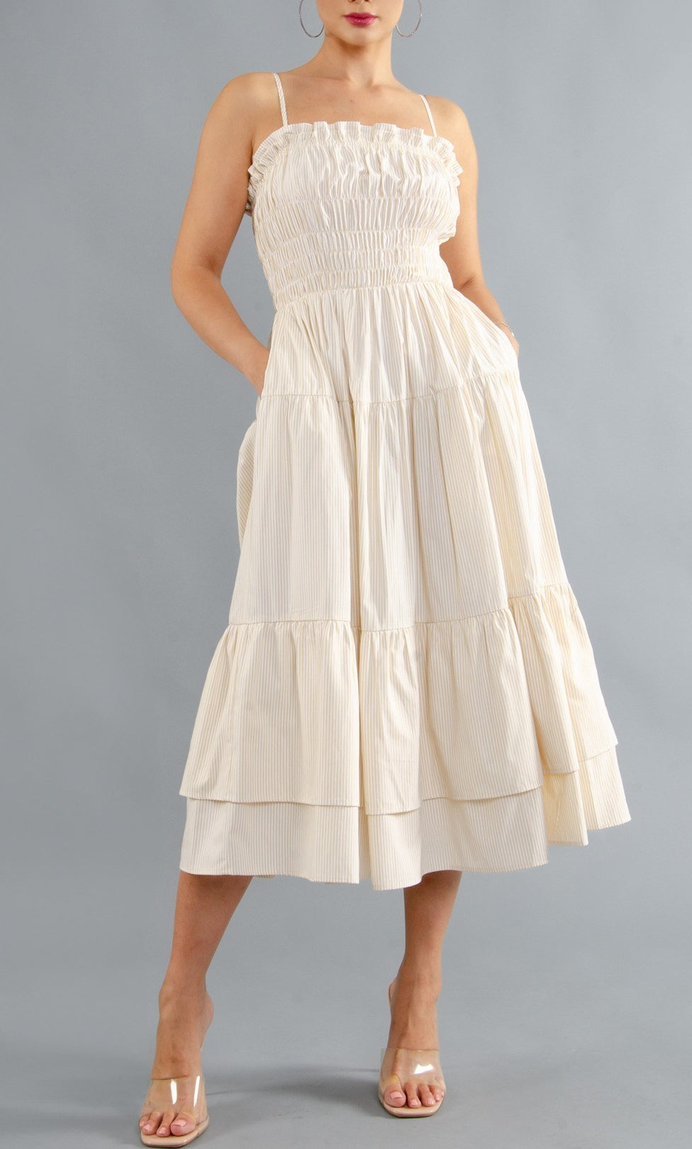 SMOCKED BODICE TAUPE STRIPE MIDI DRESS