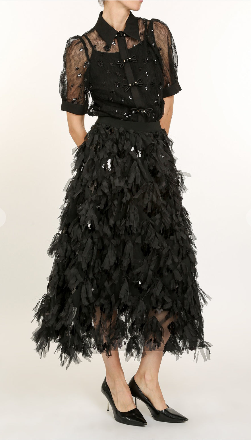 TUL AND SEQUINS FRINGE MIDI SKIRT