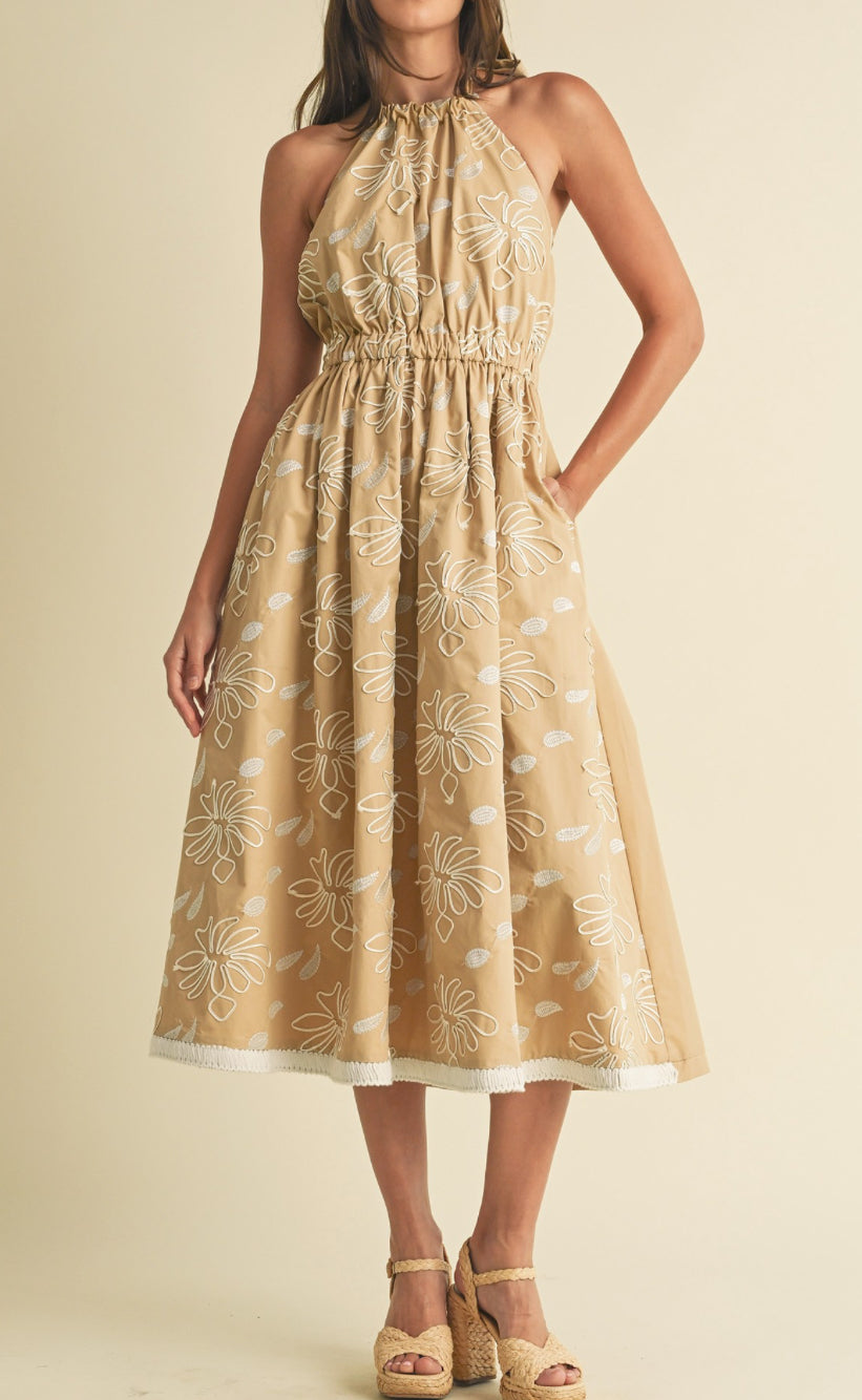 Tan Floral Midi Dress