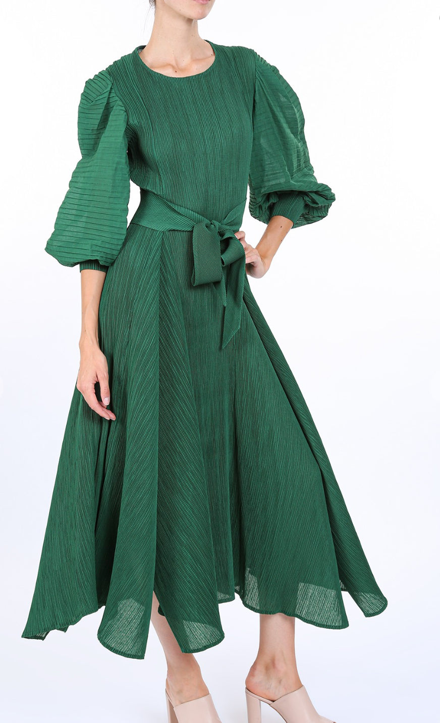 TIE WAIST PLEATS MIDI DRESS