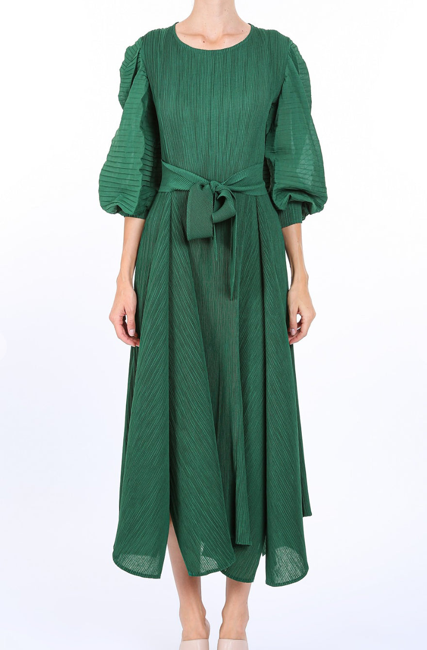 TIE WAIST PLEATS MIDI DRESS