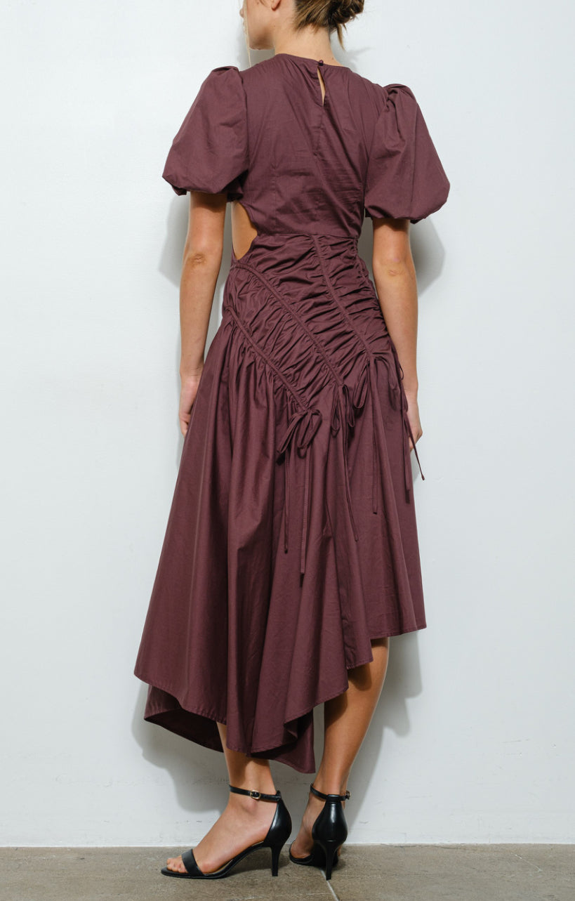 Cotton Puff Sleeve Plum Midi Dress