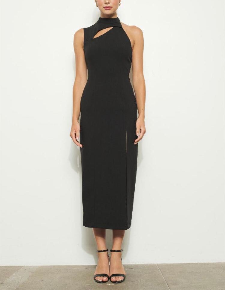High Collar Cutout Midi Dress