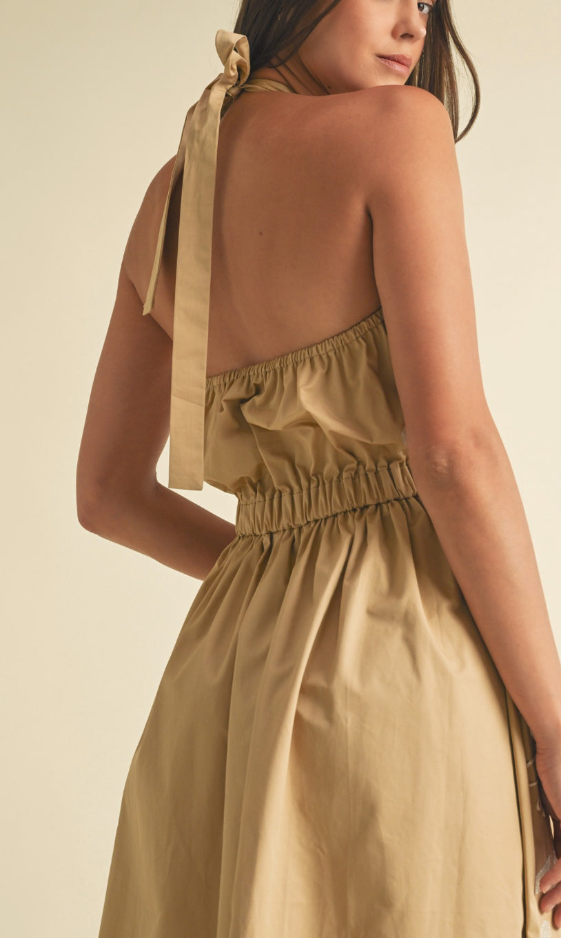 Tan Floral Midi Dress