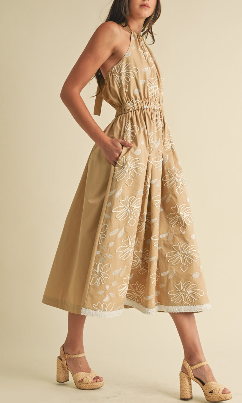 Tan Floral Midi Dress