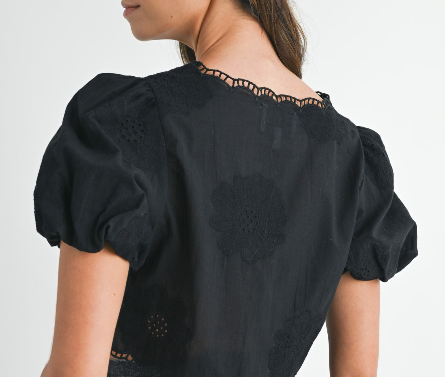 Embroidered Puff Sleeve Ties Top