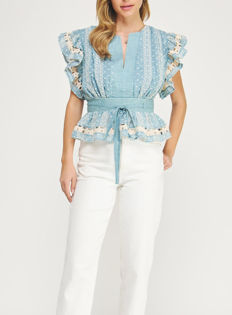 Embroidery Blue Lace Blouse