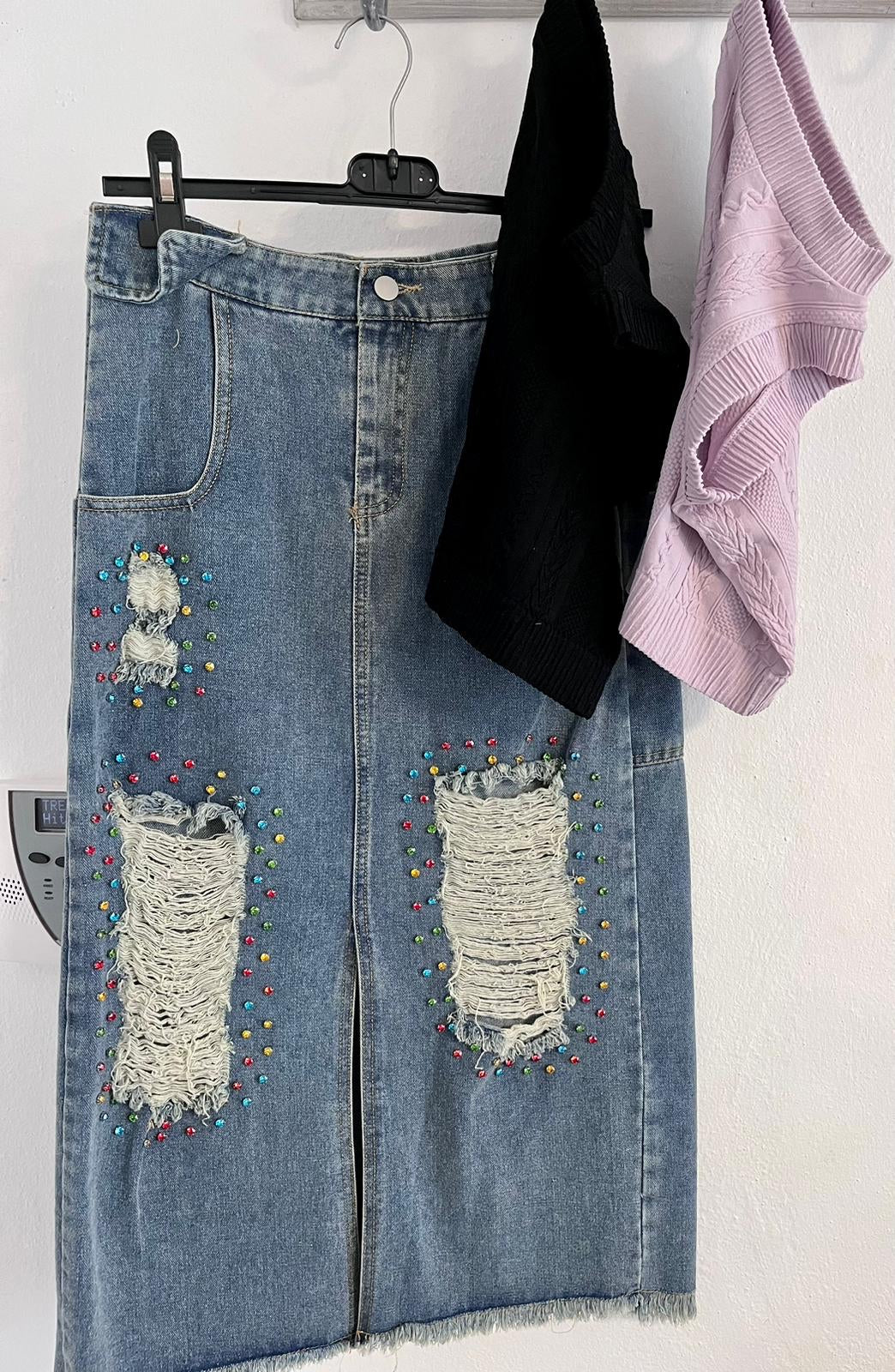 Jean Rhinestones Midi Skirt