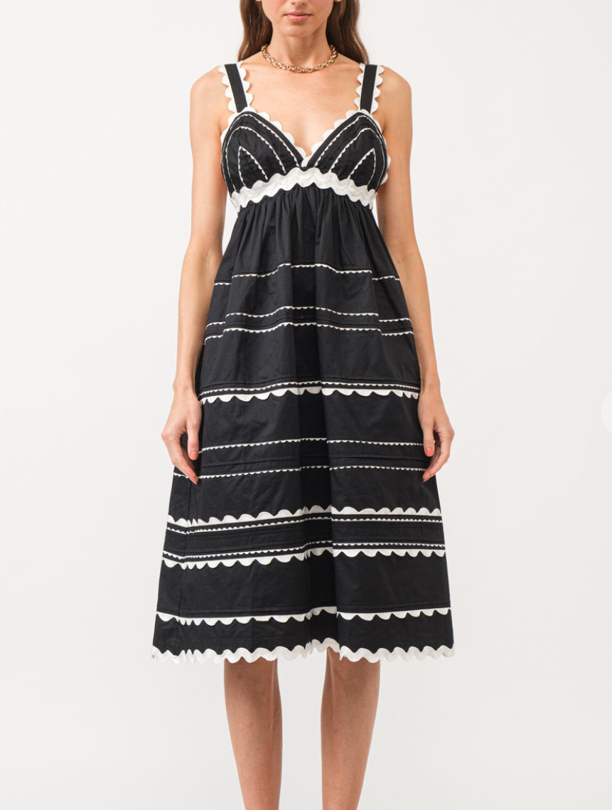 BLACK AND WHITE RIC RACE MIDI DRESS