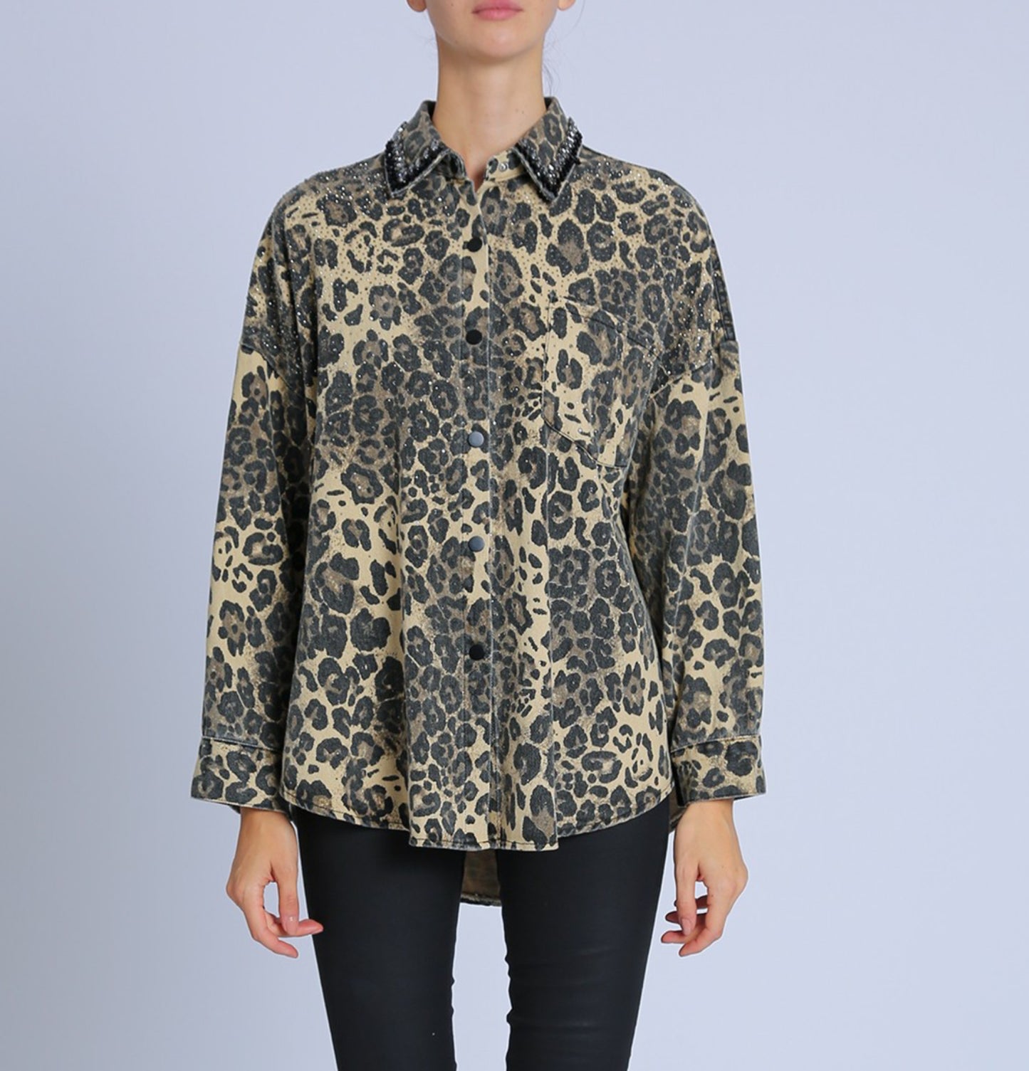 EMBELLISHED ANIMAL PRINT JEAN SHIRT