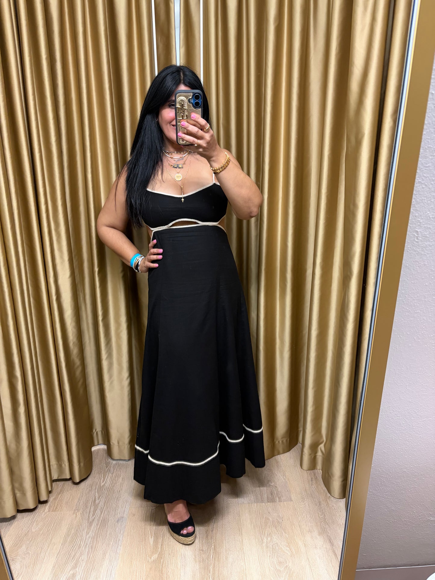 Contrast Trim Open-back Midi Dress