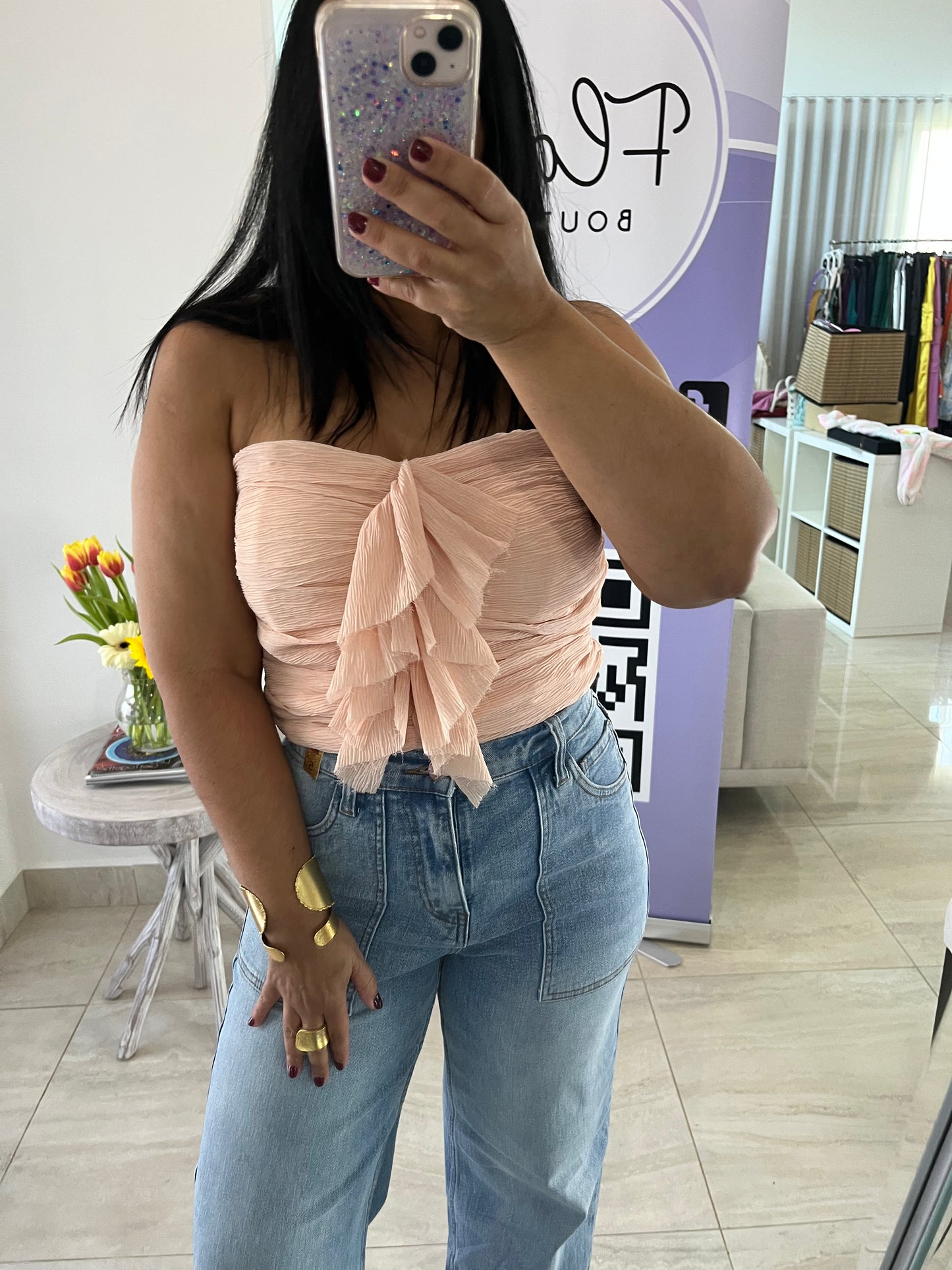 Strapless Crinkled Ruffle Top