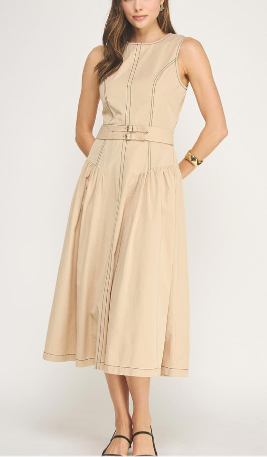 Beige Stitches Midi Dress