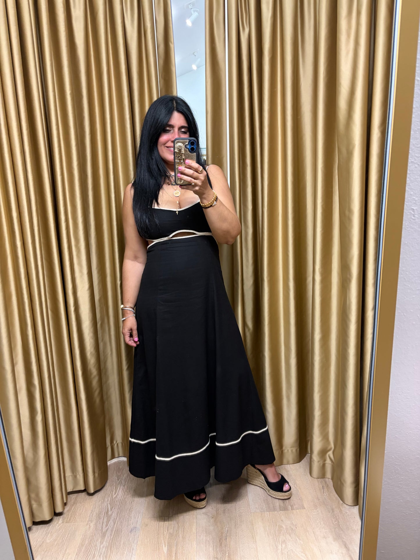 Contrast Trim Open-back Midi Dress