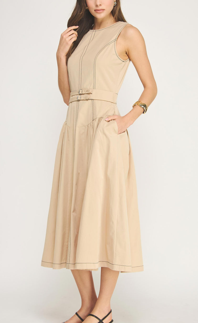 Beige Stitches Midi Dress