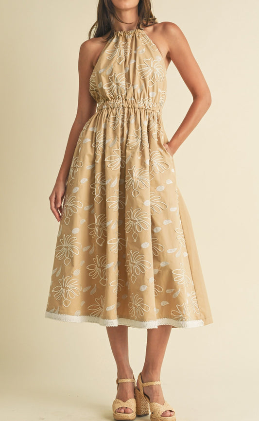Tan Floral Midi Dress