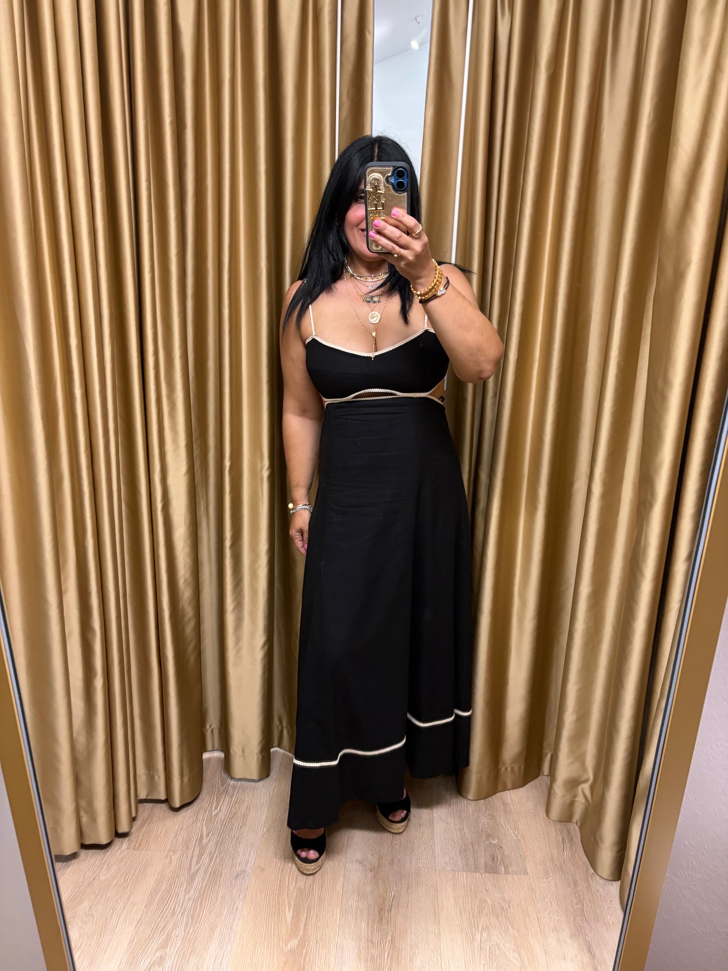Contrast Trim Open-back Midi Dress