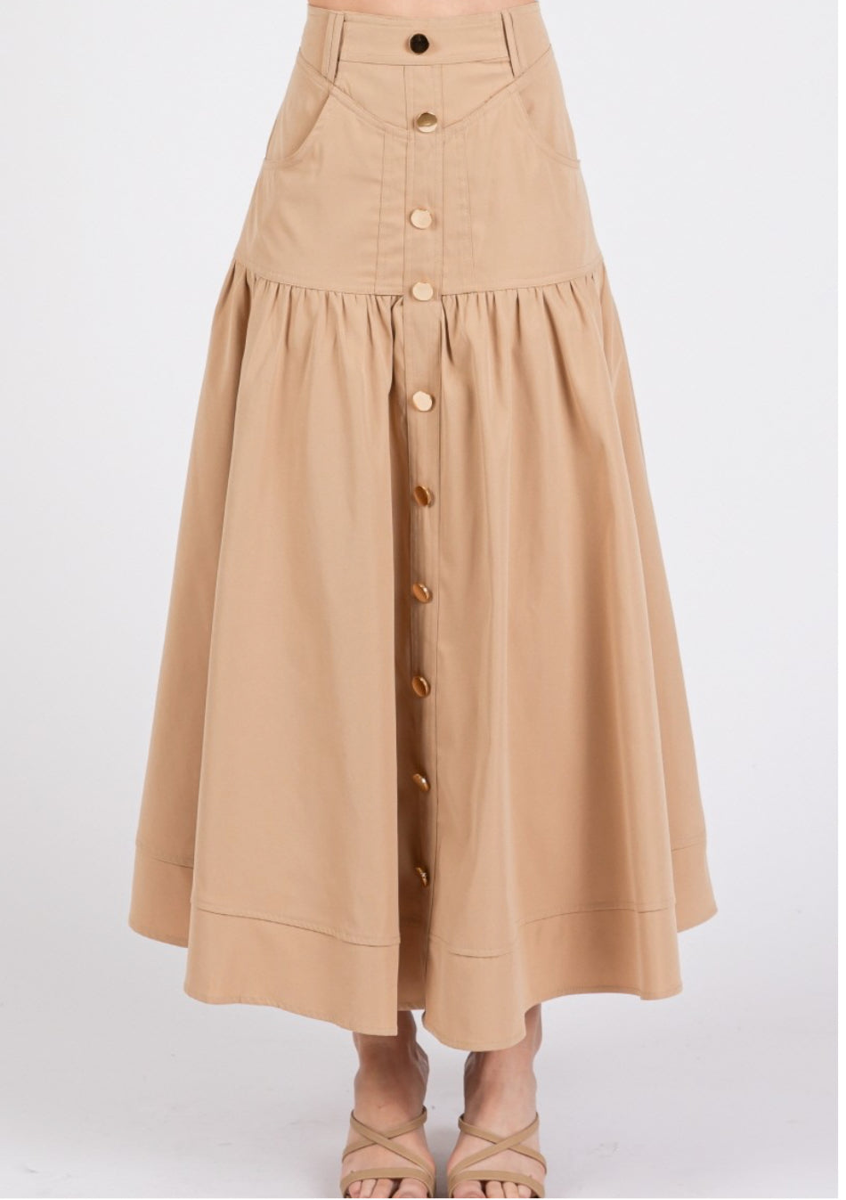 Camel Gold Buttoms Midi Skirt