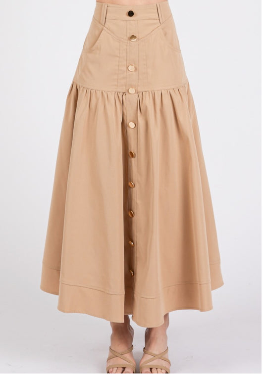 Camel Gold Buttoms Midi Skirt