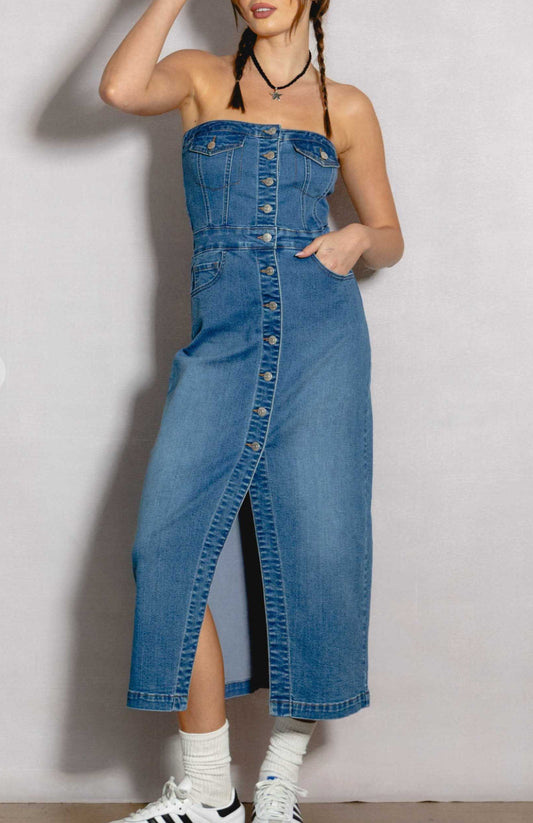 Strapless Denim Midi Dress