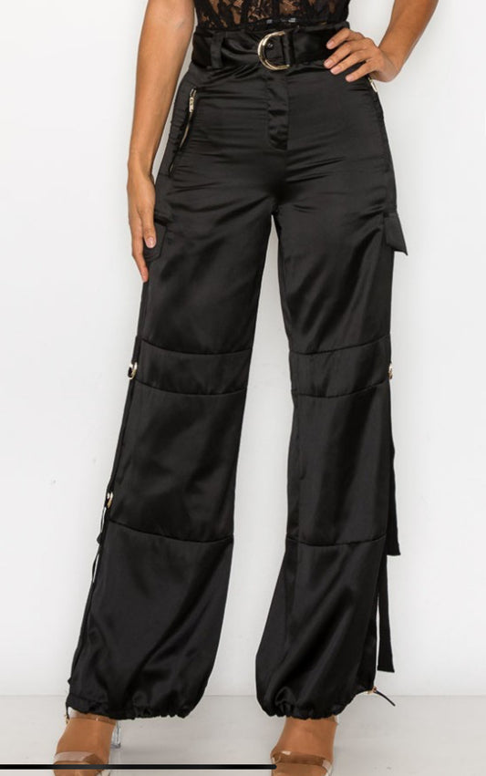 Satin. Belted Cargo Pants